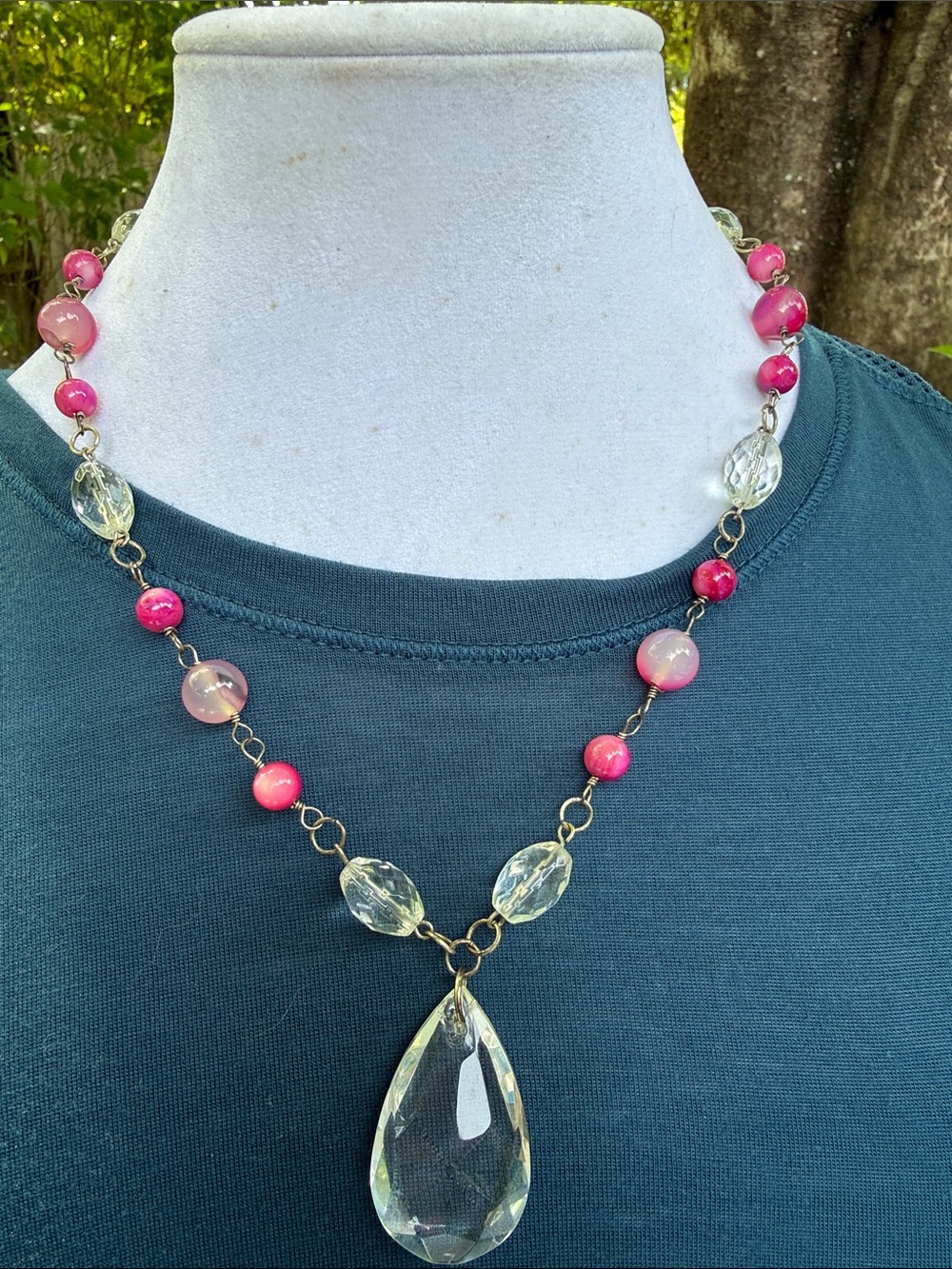 Hand Crafted Pink Bead and Clear Crystal Teardrop Necklace